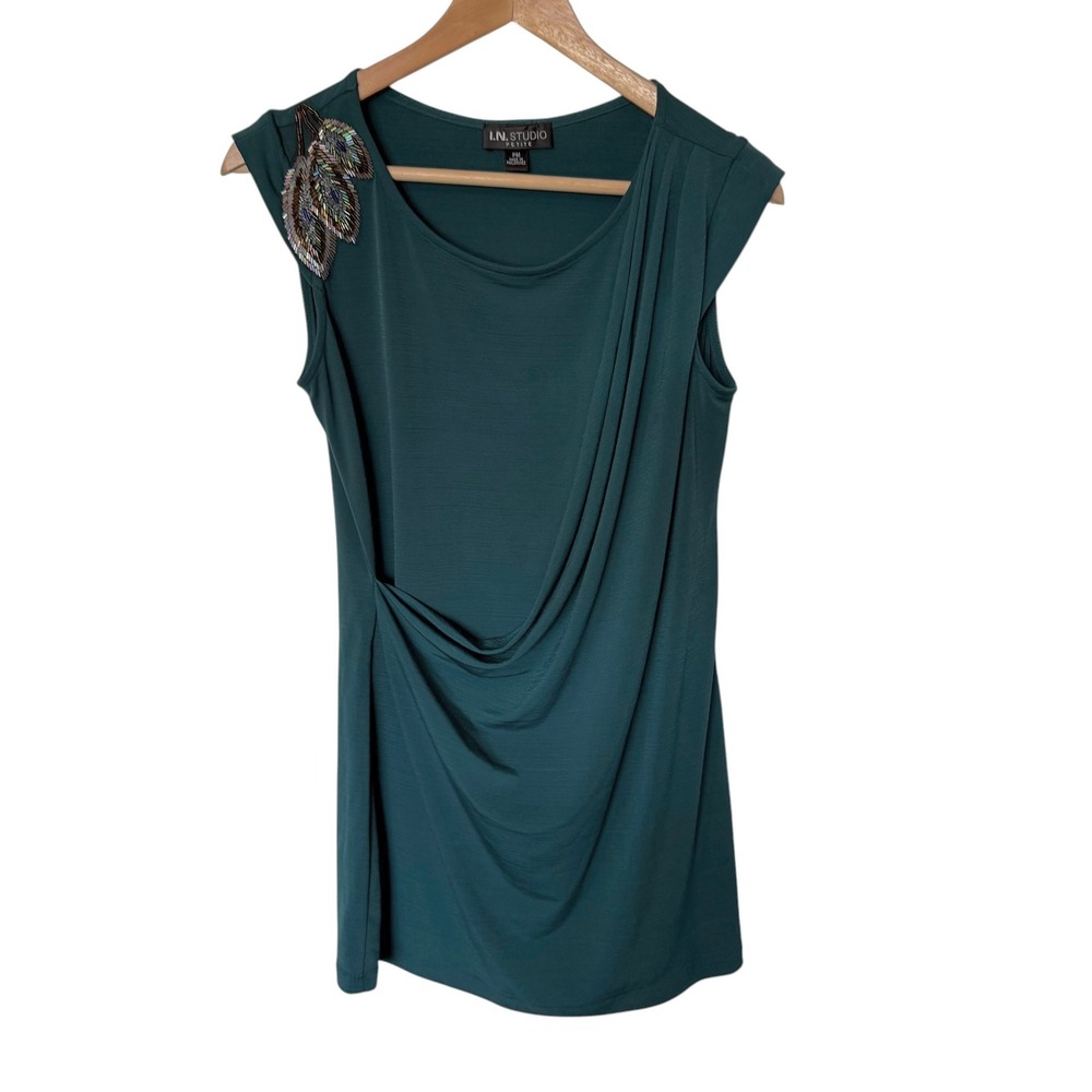 I.N. Studio Top Blouse Womens PM Teal y2k Beaded Feather Draped Scoop Neck